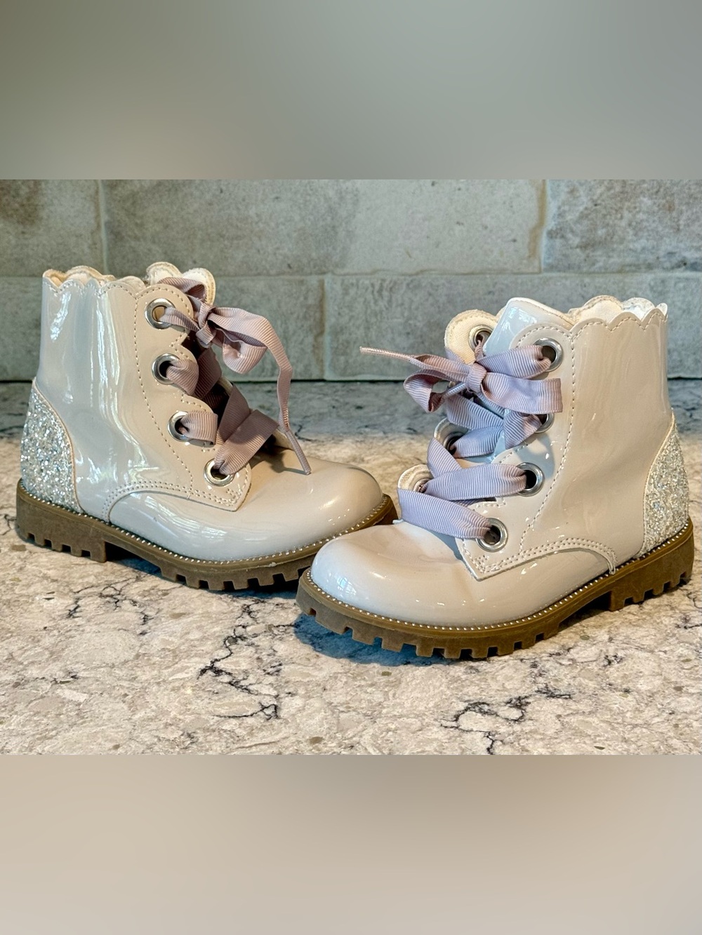 Toddler Girls Patent Lace-Up Boots with Glitter Heel and Ribbon Laces